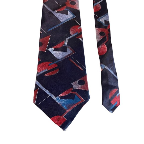 Zylos Mens Italian Silk  Neck Tie Red Blue Black Geometric Work Dad Gift - Picture 2 of 5